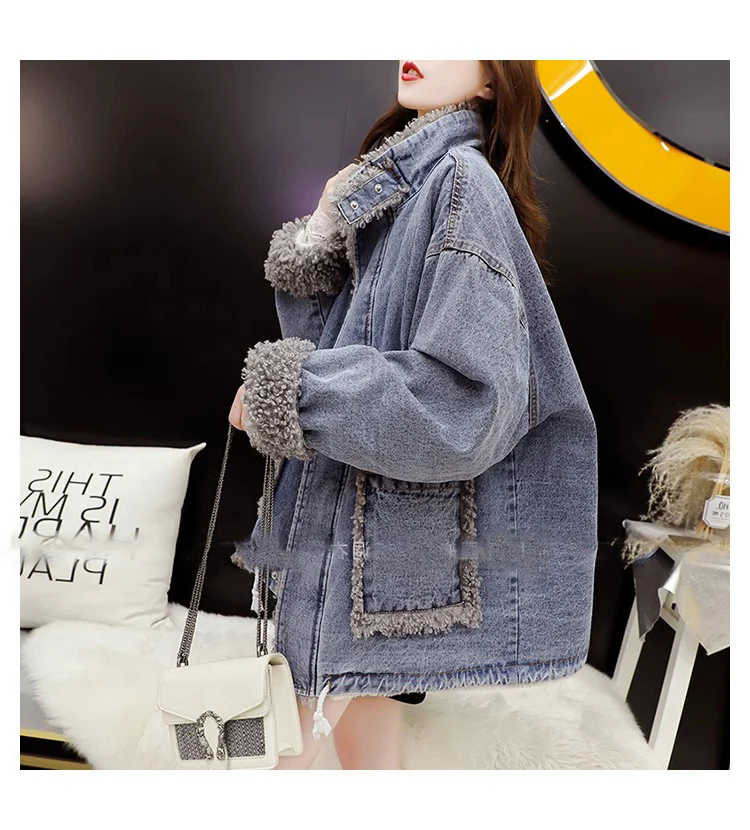 Abrigo vaquero de buena calidad de piel de felpa para mujer, ropa de calle informal holgada acolchada para otoño, ropa de calle para ir al trabajo con cremallera, rejilla de punto peluda a cuadros Chic