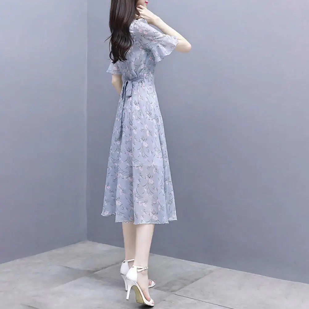 Women Long Dress Floral Print Ruffle A-line Midi Dress with Lace Up Belt Short Sleeves for Women Summer Fashion for Lady's High