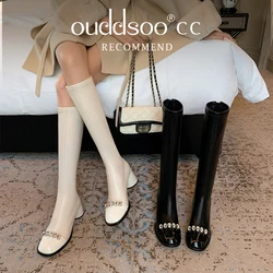 Ods Classics Autumn Winter Warm Shoes Chunky Heels Square Toe Black Beige Crystal Dress Party Lady Knee High Boots Stretch Knee