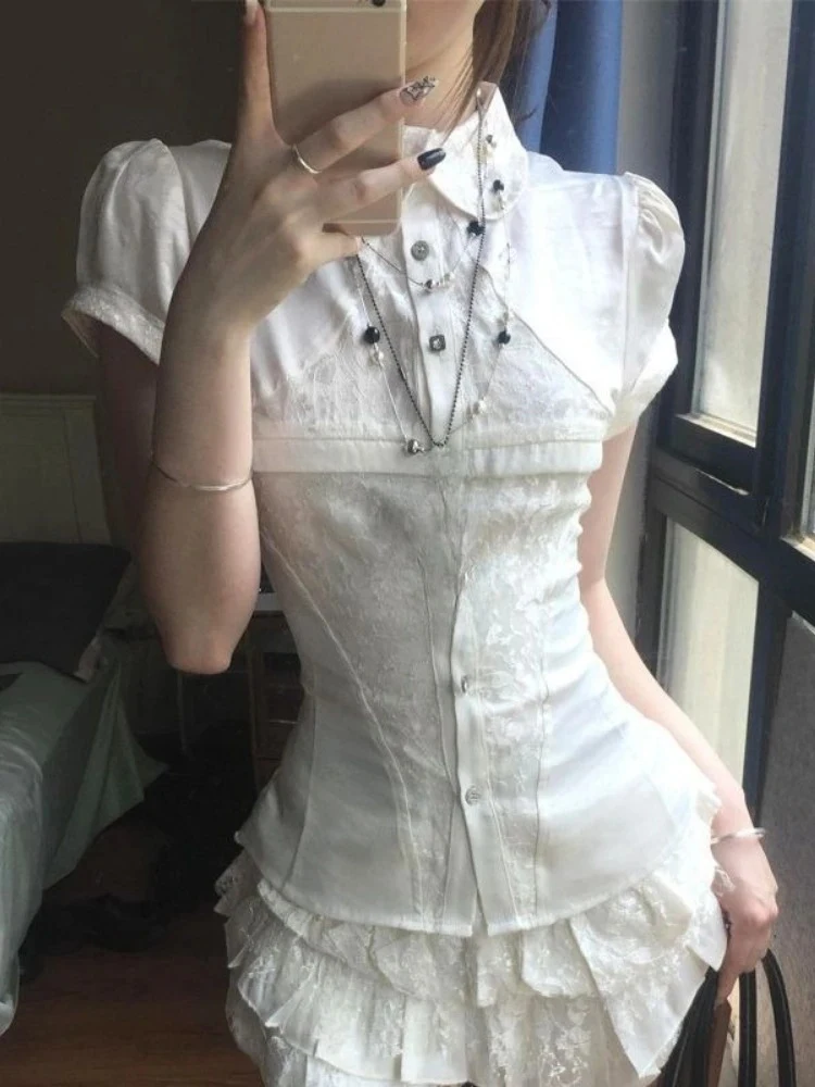 

Y2k Эстетический комплект из двух предметов Женская кружевная лоскутная приталенная блузка + мини-юбки с высокой талией с рюшами 2023 Летний костюм феи в стиле гранж