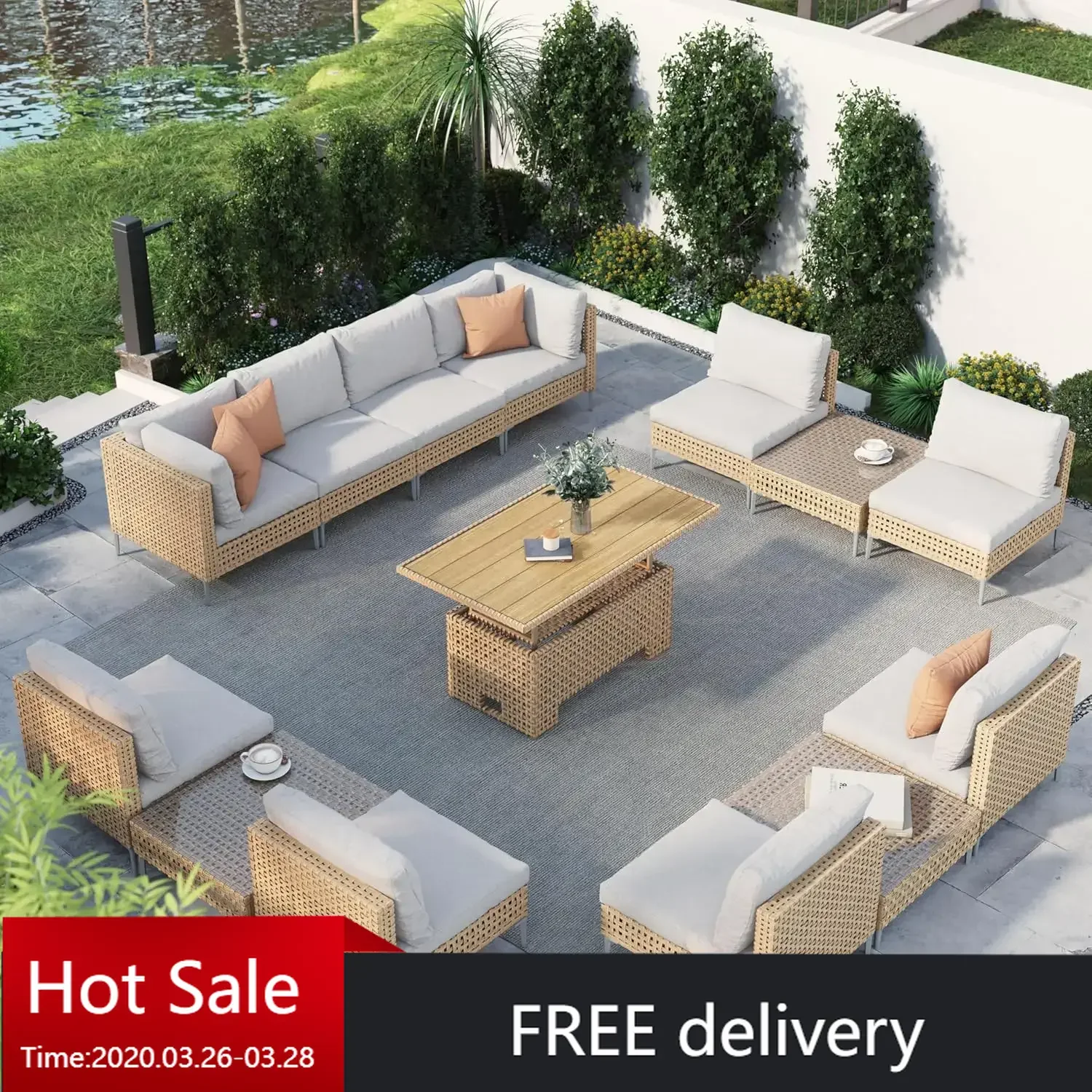 14-Piece Wicker Patio Furniture Set w/ Lift Top Coffee Storage Table, Sectional Sofa with Water Resistant Thick Cushions, Beige