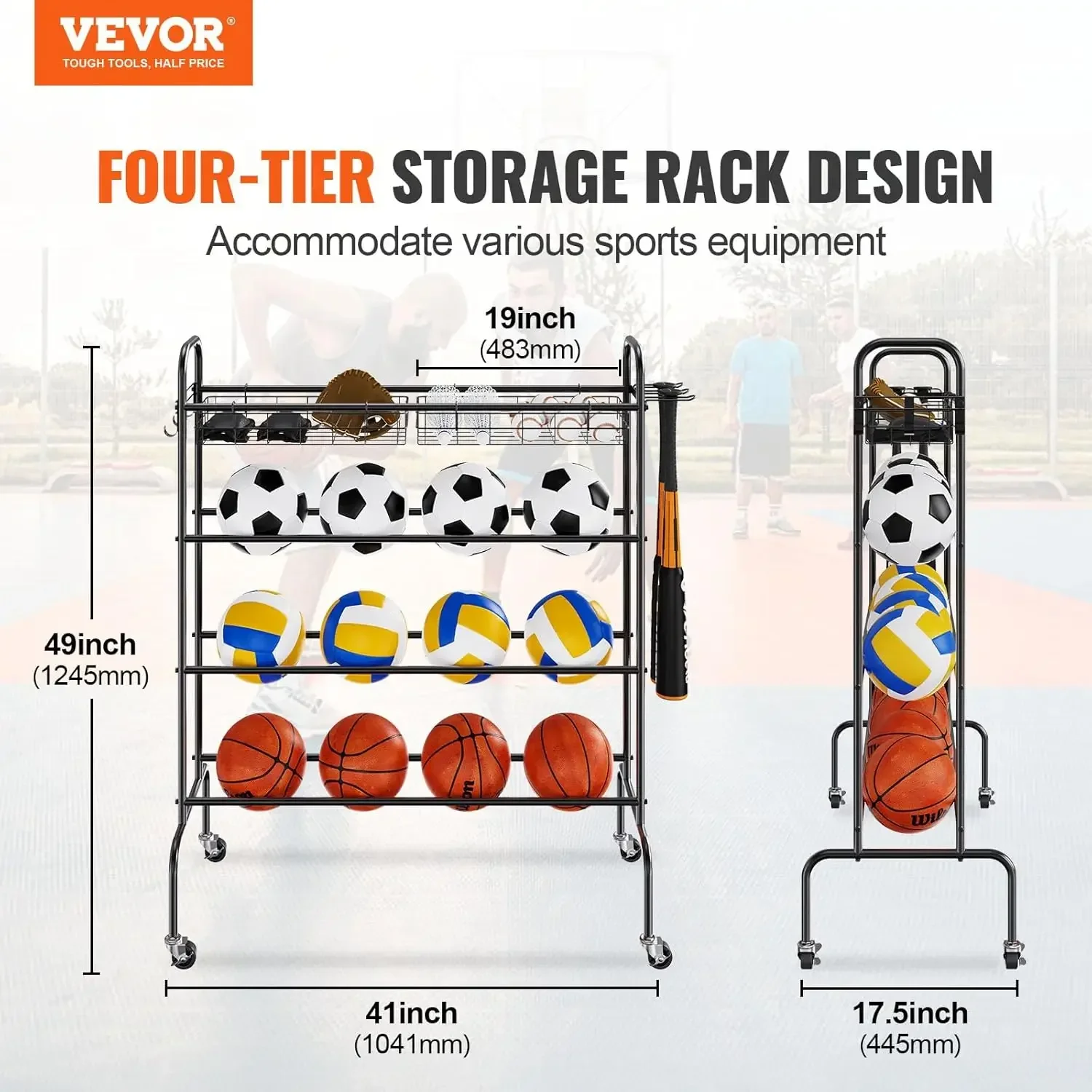 Basketball Rack, 4-Layers Rolling Basketball Shooting Training Stand, Sports Equipment Storage Organizer with Wheels