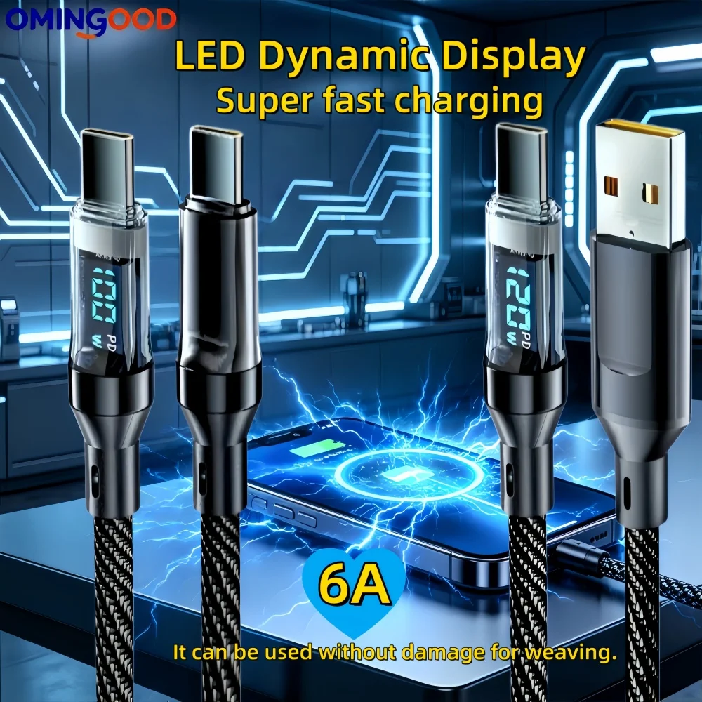 NEW 120W Super Fast Charging Cable Real-time Digital Display USB A to Type C Data Cable For iPhone Android Phones Universal