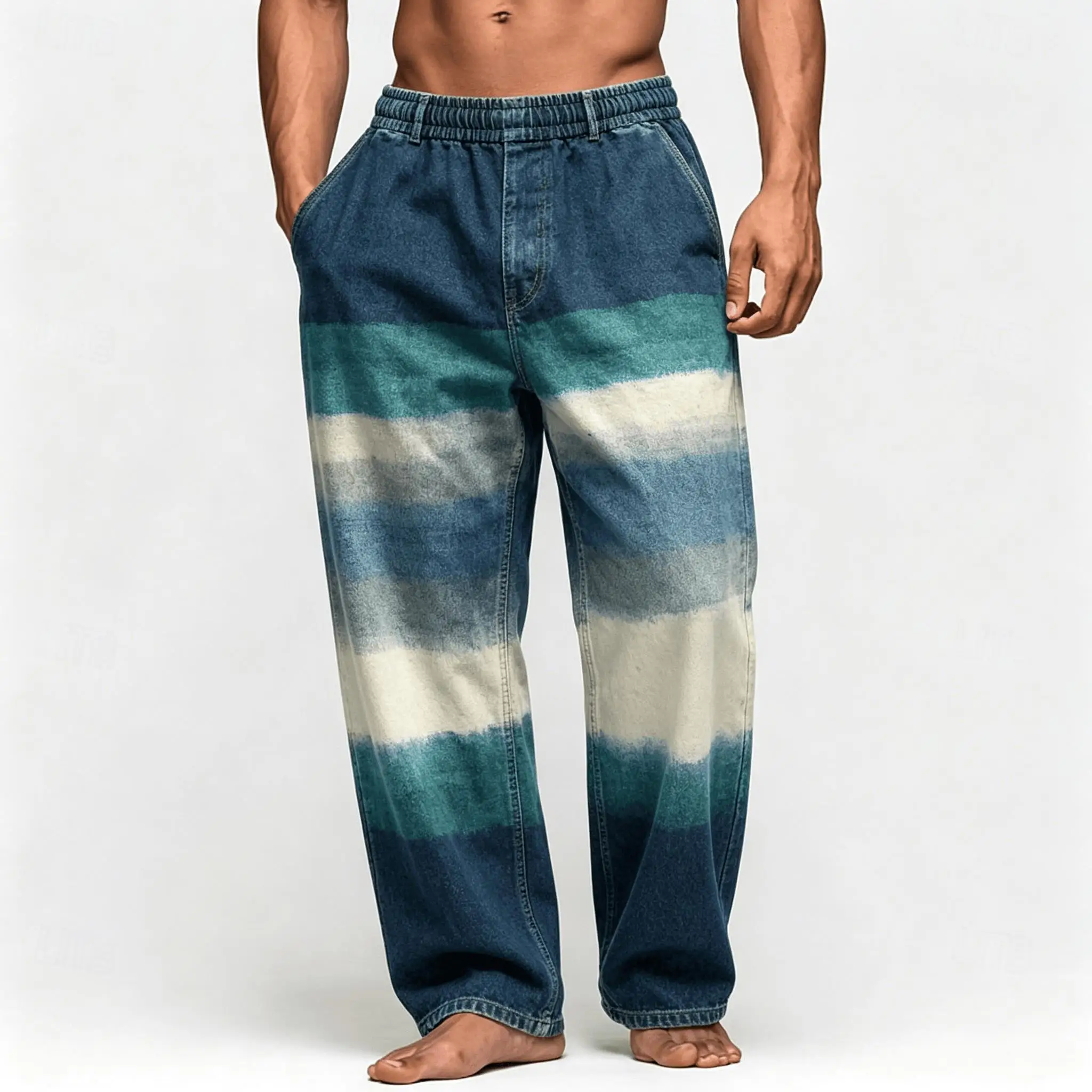 Men's Gradient Striped Tie-Dye Print Casual Pants, Relaxed Fit Drawstring Trousers for Spring and Summer