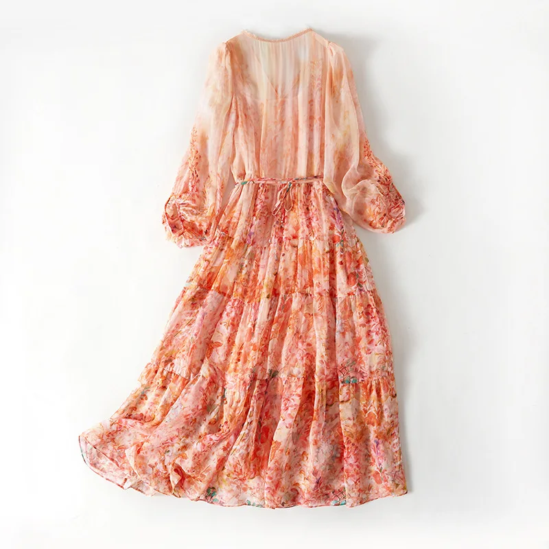 Birdsky, 1PC Women A dress loose fit bead band V neck 100% real mulberry silk crepe georgette print flower, S-1029