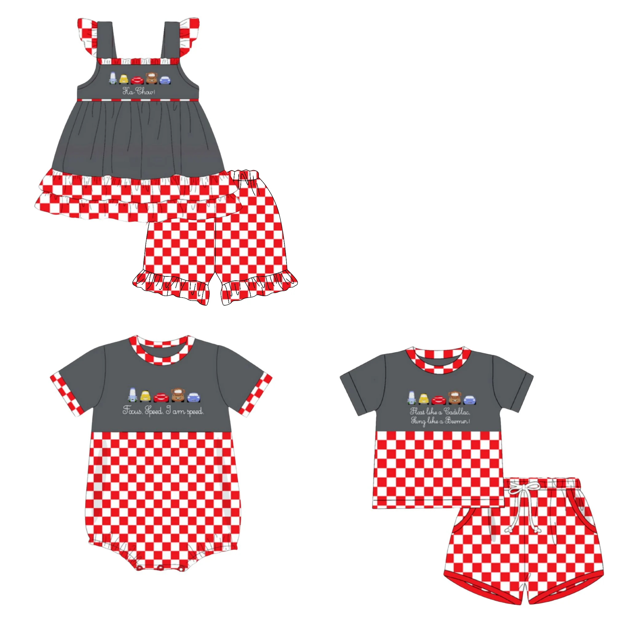 Nuevos pantalones cortos con estampado de letras de coche a cuadros de perlas, pantalones cortos de encaje para niñas y niños, traje a cuadros, mono para bebé, traje de boutique para niños