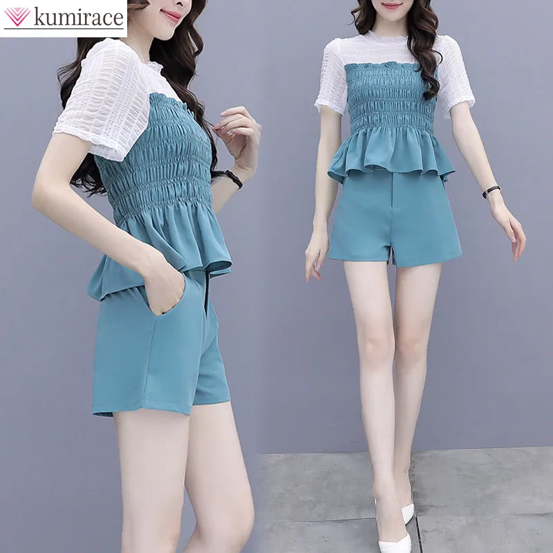 Korean Fashion Summer Ruffle Pleated Short Sleeve Stitched Chiffon T-Shirt Top Shorts Two-piece Elegant Women's Pants Set