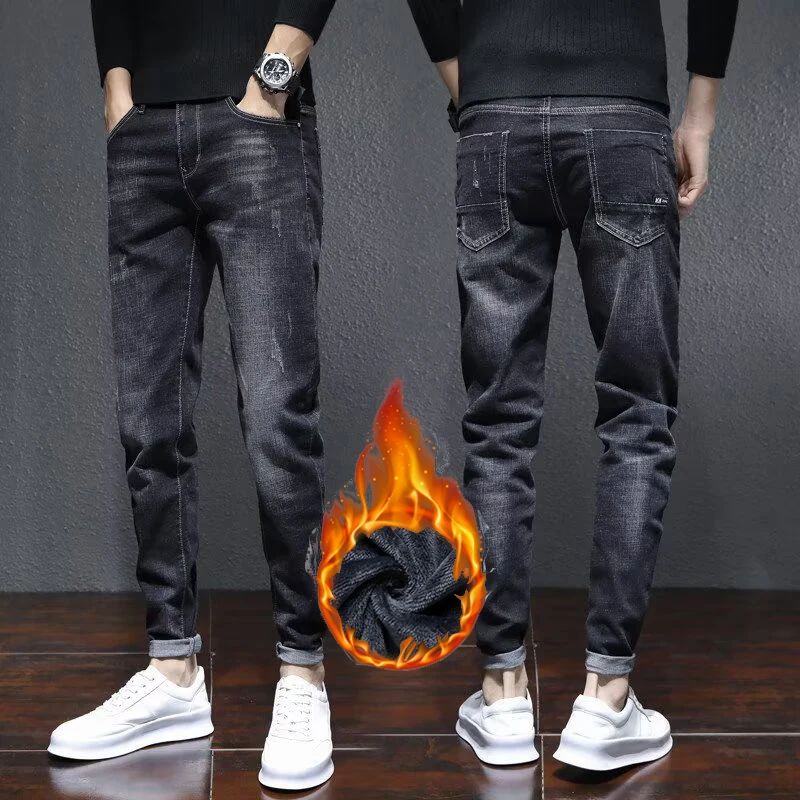 Новинка 2025 года, мужские утолщенные термоджинсы на флисовой подкладке, мужские зимние прямые облегающие джинсовые брюки, свободные повседневные удобные брюки