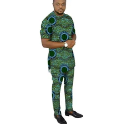 African Fashion Men's Set Outfits Short Sleeve Tops Patch Trousers Nigerian Print Male Pant Suits Party Wear Customized