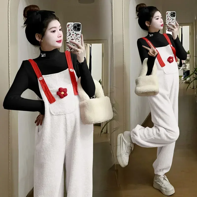 

Winter Fashion Plus Size Maternity Jumpsuits with Pocket Plus Size Wide Legs Pregnant Woman Fleece Rompers Thick Warm Overalls