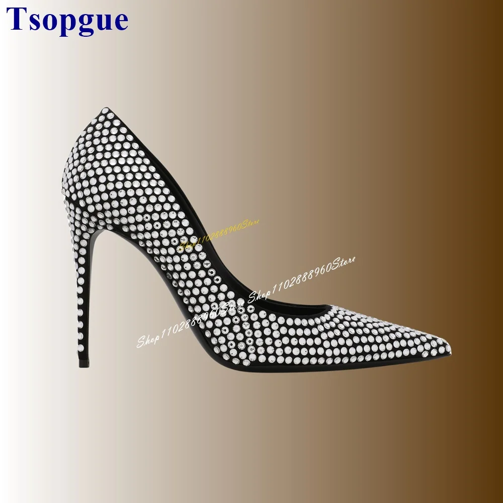 Sparkling Black Crystal Decor Bling Pumps Thin High Heel Women Shoes Slip On Pointed Toe 2024 Fashionable Zapatos Para Mujere