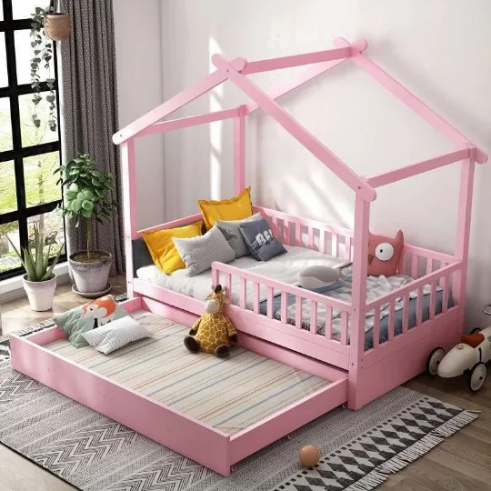 

Solid Wood Kids Bed Baby Bedding Original Wood Colour pink Bedroom Furniture Multifunction Modern Simple Kids Bed