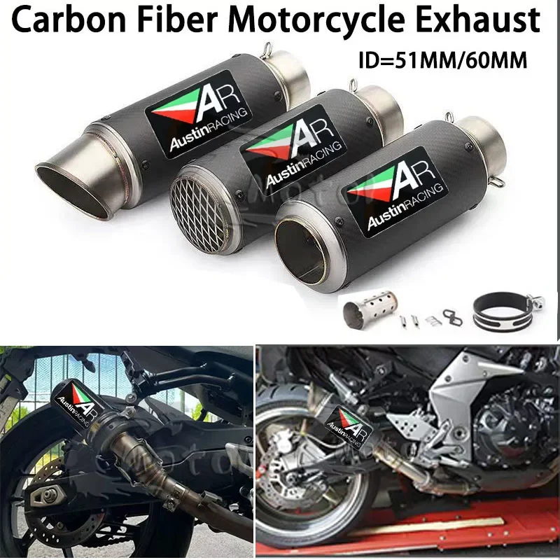 Image of AR Universal 51mm 60mm Carbonfaser Motorrad-Auspuff-Schalldämpfer für Honda Kawasaki Yamaha Suzuki Auspuff-Tuningteile