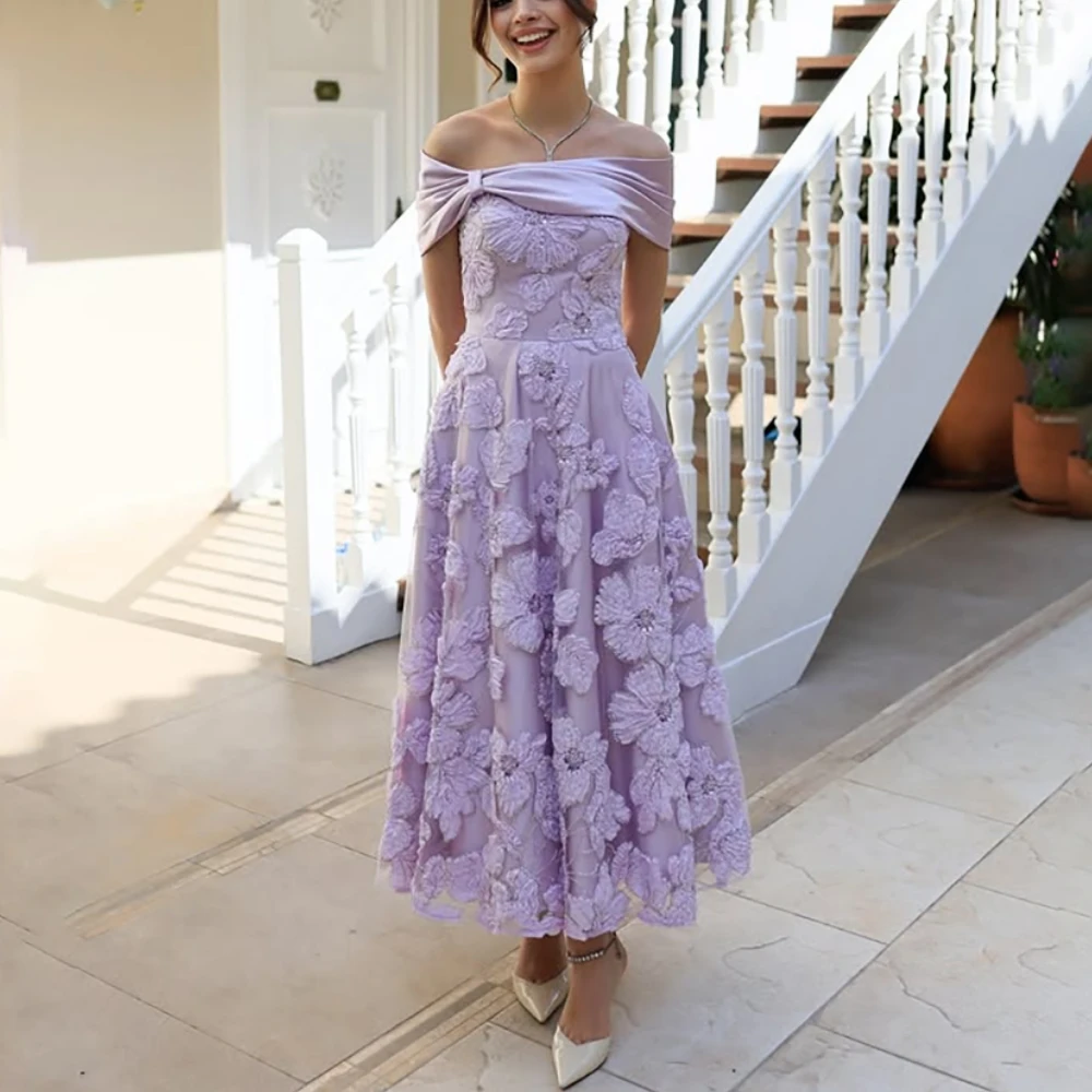 

Вечерние платья с кружевной аппликацией, сиреневое платье с открытыми плечами, женские вечерние платья миди, элегантное свадебное платье по индивидуальному заказу