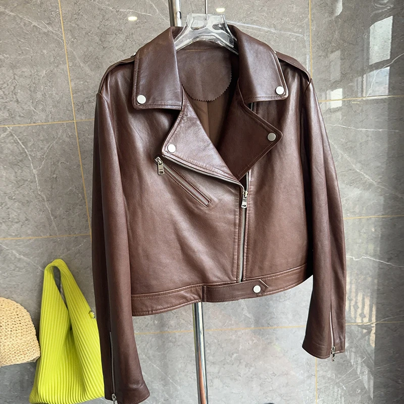 ผู้หญิง A-level Sheepskin เสื้อแจ็คเก็ตหลวมสบายๆรถจักรยานยนต์สั้น 2025 ฤดูใบไม้ร่วงหญิง 100% ของแท้หนังแจ็คเก็ต Outwear