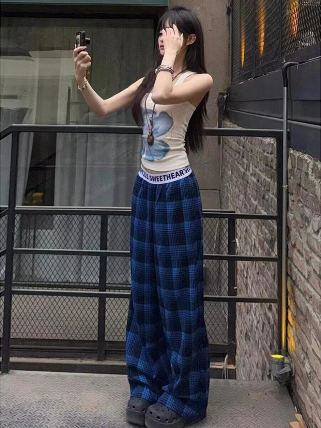 Retro American Plaid Casual Pants Women's Waist Splicing Drape Slim Straight Leg Summer Loose Wide Leg Sumi Pants