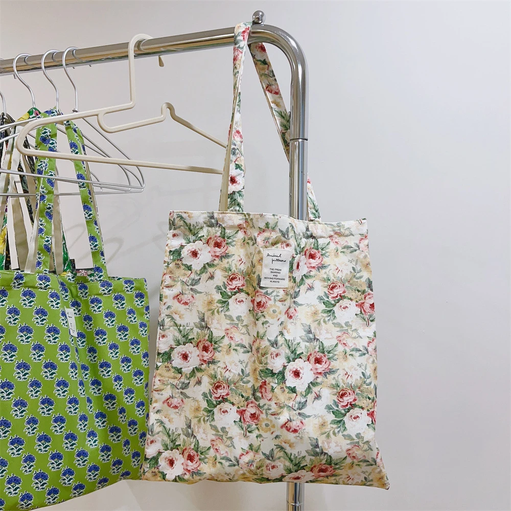 Simple Fresh All-Match Storage Bag Floral Printed Cotton Bag Single-shoulder Women's Canvas Book Mobile Phone Travel Bag
