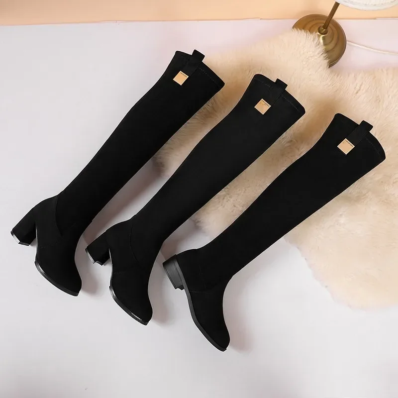 Damskie zamszowe elastyczne buty za kolano 2024 New Winter Warm Plush Long Boot Autumn Slip-On Pointed Thick High Heels Knight Boot