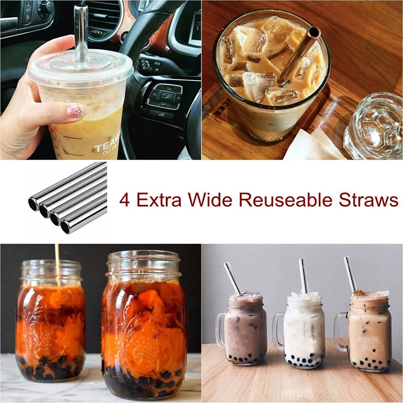 Canudos reutilizáveis boba com escova de limpeza, 4 peças, extra largo, aço inoxidável, bolha de metal, canudo de chá para smoothie, milkshakes