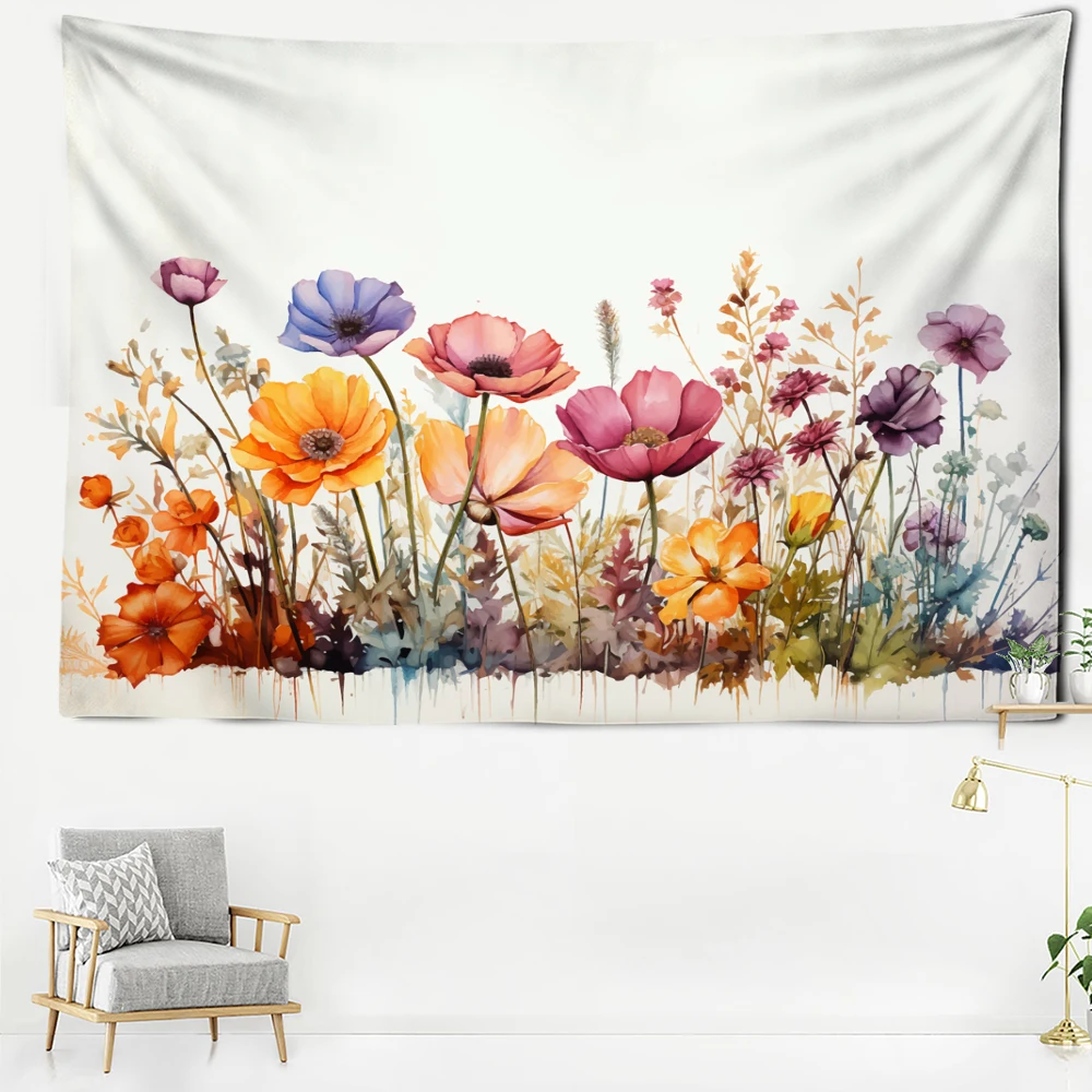 Colorful Ink Wash Floral Tapestry Wall Hanging Abstract And Minimalist Art Plant Bohemian Hippie Bedroom Living Room Home Decor