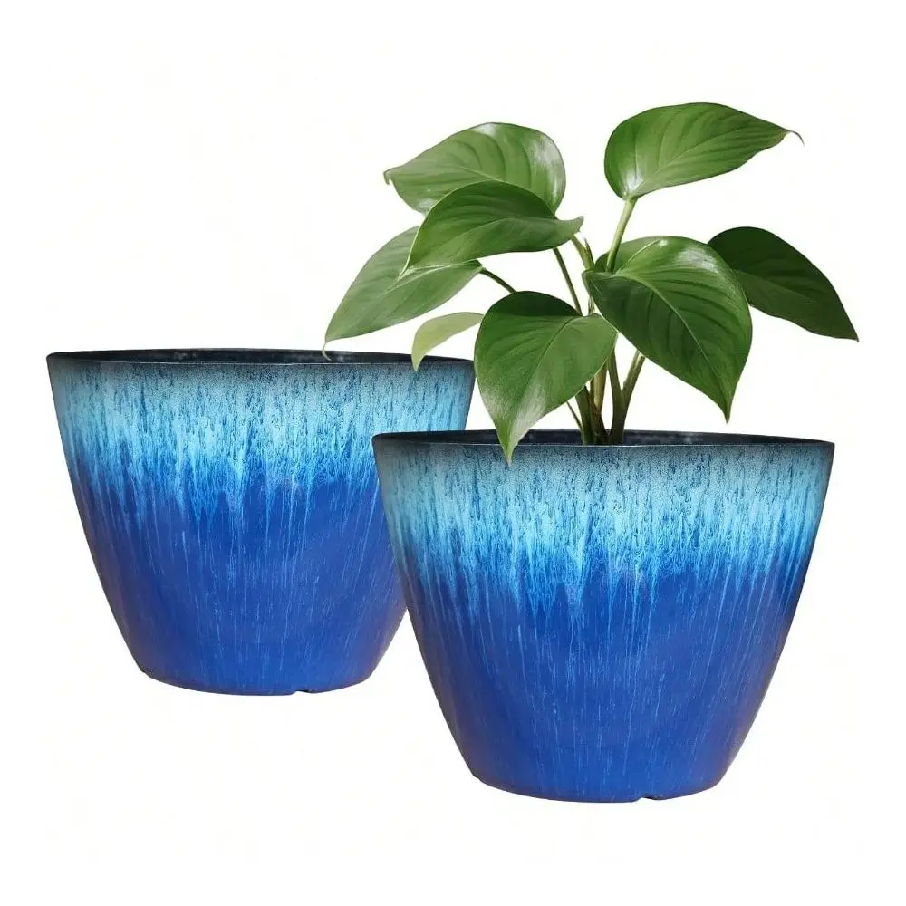 

Of 2 Flower Pots, Plastic Plant Pots With Drainage Holes, 8 Inch Modern Glossy Finishing Planter Indoor Outdoor Plants Blue Gla