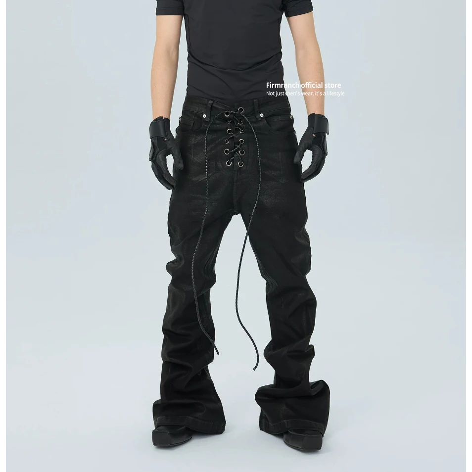 

Firmranch New Black Oil Wax Jeans With Ribbon For Men/Women Punk Streetwear Skinny Flare Denim Pants Motorcycle Biker Trousers