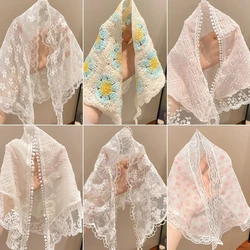 Lace Kerchief Floral Print Hair Scarf Hair Band For Women Girls Bohemia Style Bandana Sun Protection Headscarf Lace Hair Scarf