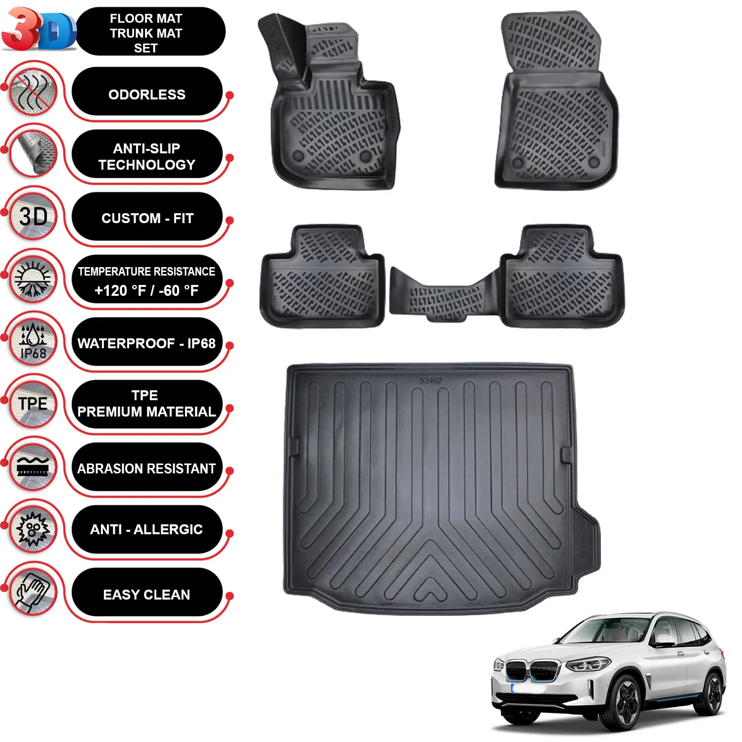 

BMW iX3 - (2021-2023) - Floor Mats + Cargo Trunk Liner - SET - (Black)