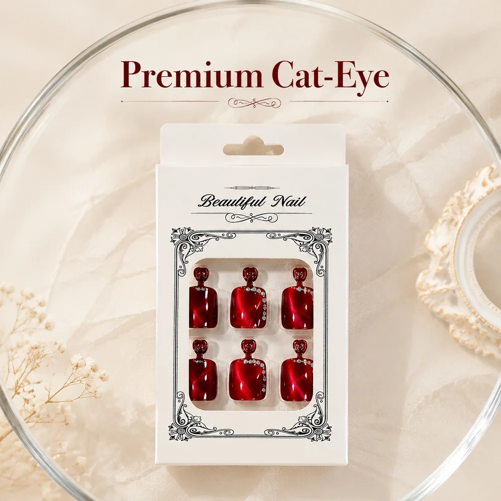 24Pcs Magnetic Gloss Red Cat Eye Square Fake Toe Nails 3D Embossed Rose Diamond Decor Bridal Foot Nail Set