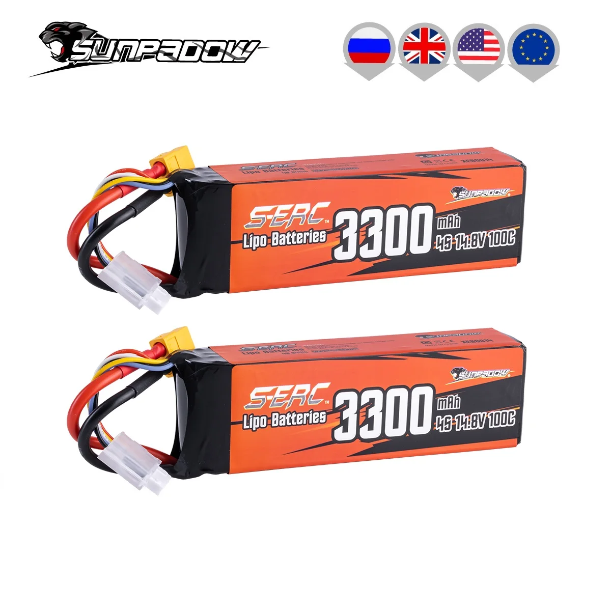 SUNPADOW 4S FPV Lipo Battery 3300mAh 14.8V 100C Soft Pack with XT60 Rechargeable for RC FPV Quadcopter Airplane Drone 2Count