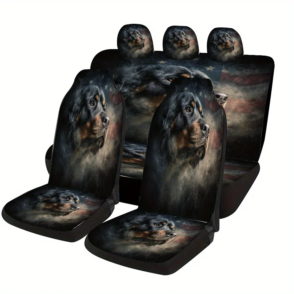 Rottweiler Portrait With Stars And Stripes Background, Bold And Loyal Theme Car Seat Cover Set. Suitable For Most Cars, A Stylis
