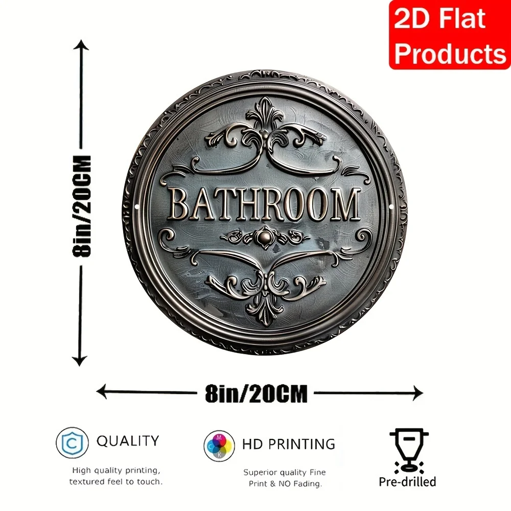 Vintage Style Bathroom Decorative Sign, 1 pc 2D Round Metal Plaque Classic Wall Hanging Design Multi-purpose Decoration for Door