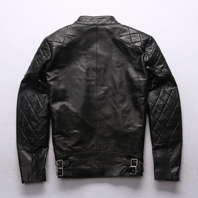 Men's genuine sheepskin jacket factory direct supply stand collar casual oblique diamond motorcycle cowhide leather jacket