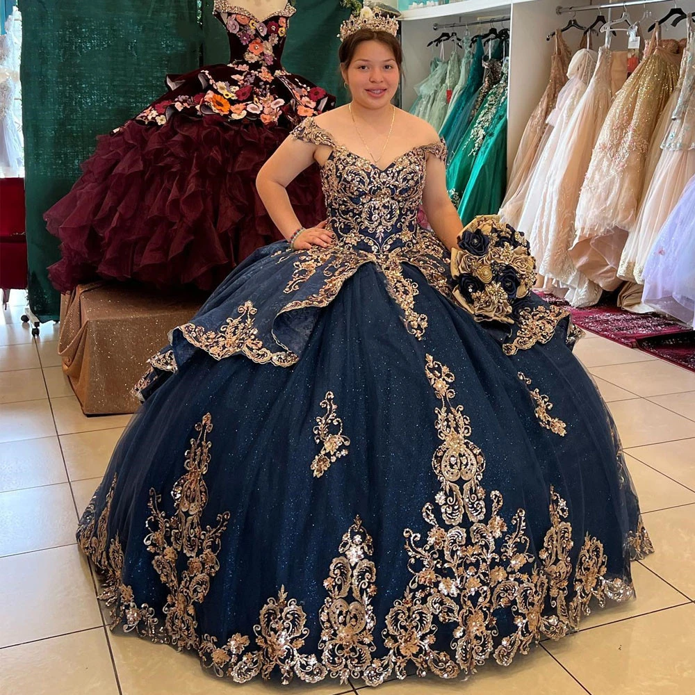 ANGELSBRIDEP Cinderella Princess Navy Blue Quinceanera Dresses Tulle Beaded 3D Flowers Graduation Gowns Vestidos De 15 Años