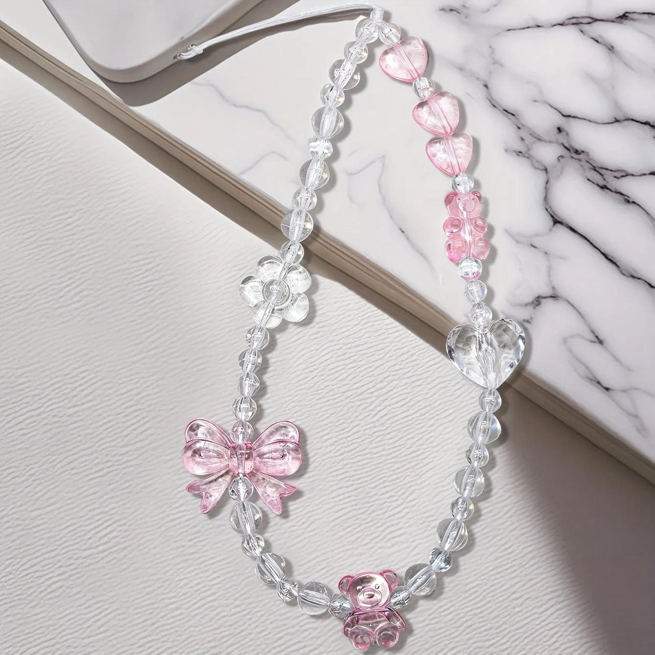 Korean Cute Pink Bowknot Bear Heart Beaded Phone Chain Charm Lanyard Keychain Woman Girl Bag Camera Pendant For Case