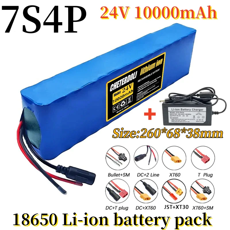 

High Power 24V 10000mAh Lithium Battery 7S4P Pack BMS Protection for Modified Scooters 250W-500W Motor.