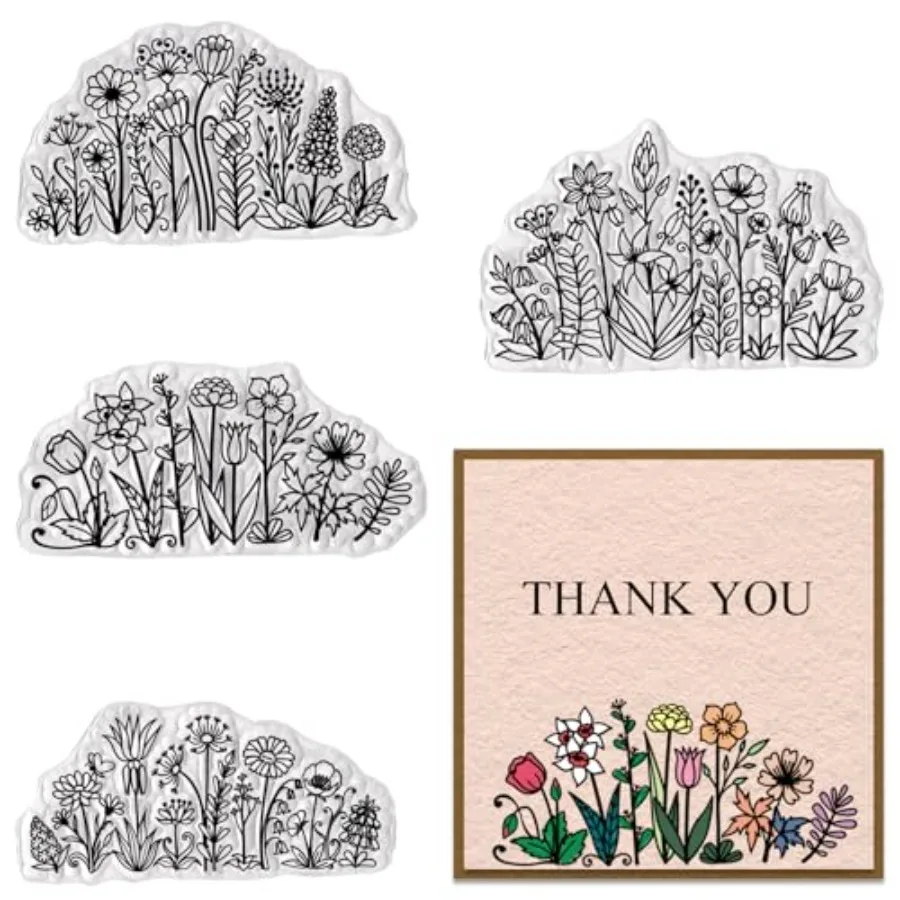 

4 PCS Flowers Background Clear Stamps for Card Making, Daisy Flowers Rubber Stamps Florial Scenery Transparent Stamp Seal for C