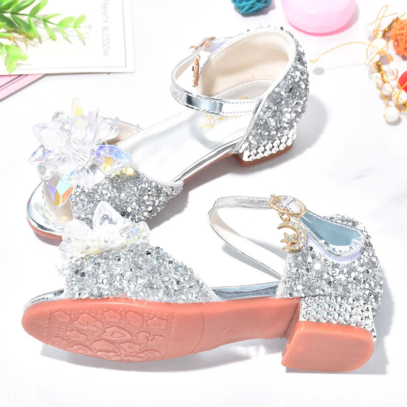 Sandalias con diamantes para niña, zapatos informales de princesa con flores, tacón alto, purpurina, suela suave, para fiesta y baile