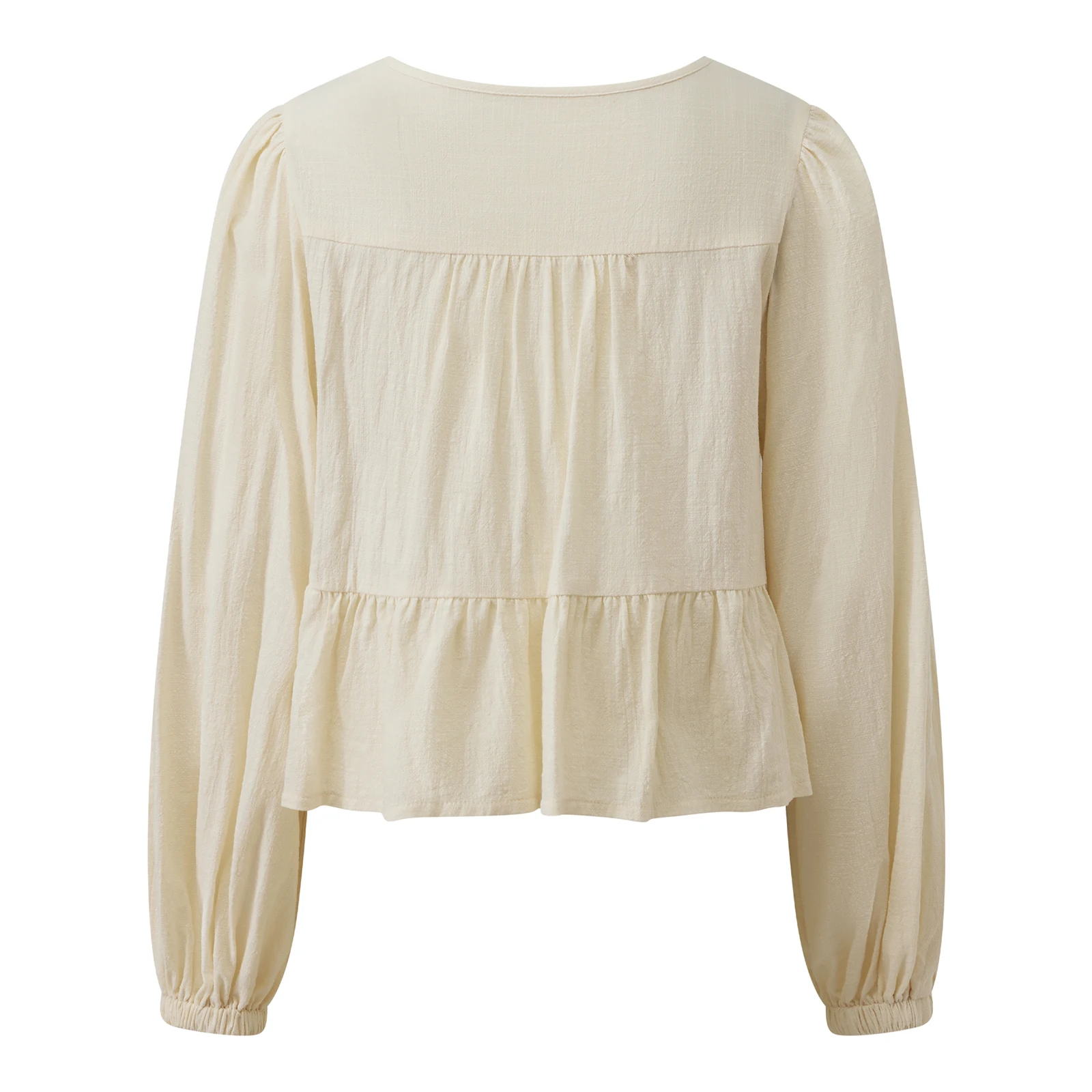 Women s V Neck Fall Tops Fashionable Solid Color Tie Up Round Neck Long Sleeve Loose Fit Ruffle Shirts