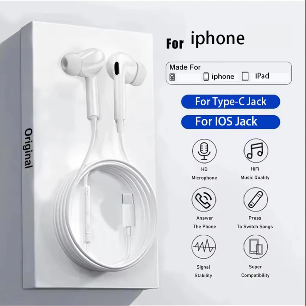Original Type C Wired Earbuds Headphones For iphone 16 15 Plus 14 13 12 11 Pro Max XR X XS 7 8 SE IOS Jack Earphone Accessories — product photo 1 of 1