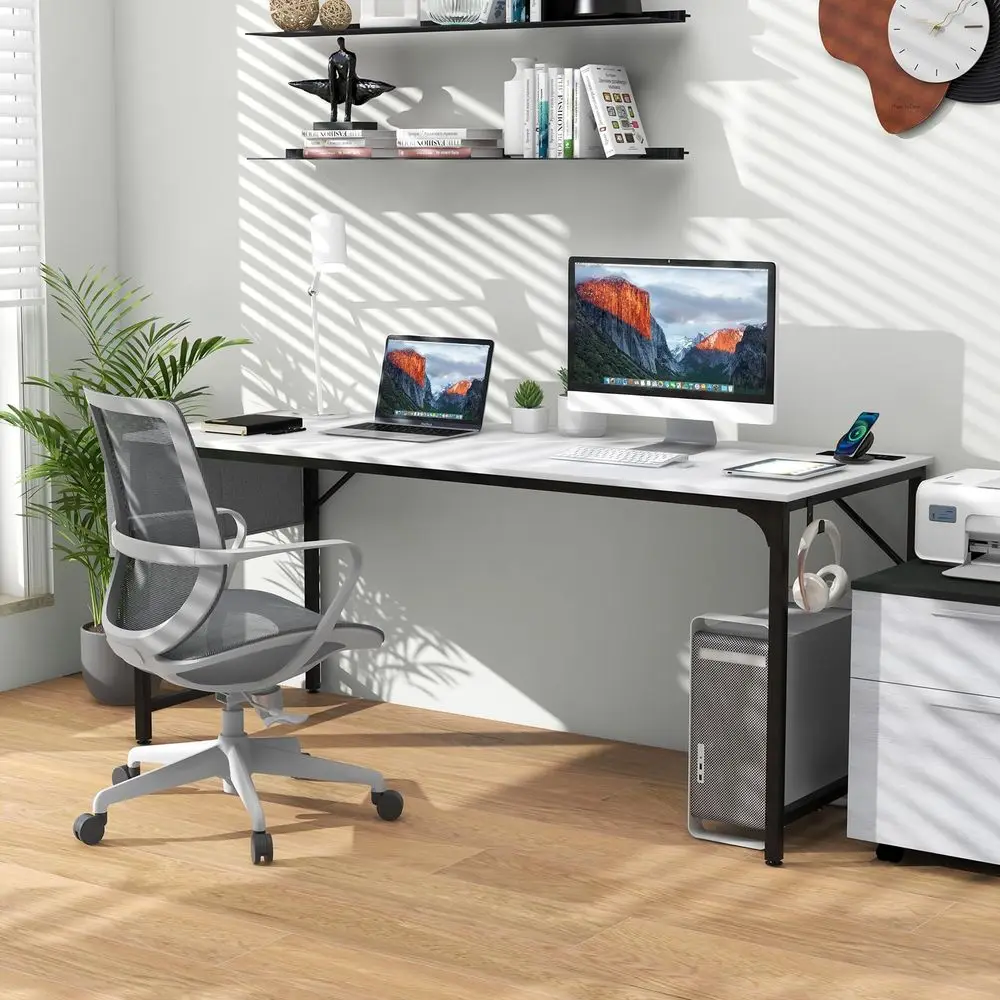 60 Large Computer Desk with Charging Station, Modern Simple Study Writing Desk with Storage Bag, Headphone Hook, Sturdy Metal Fr