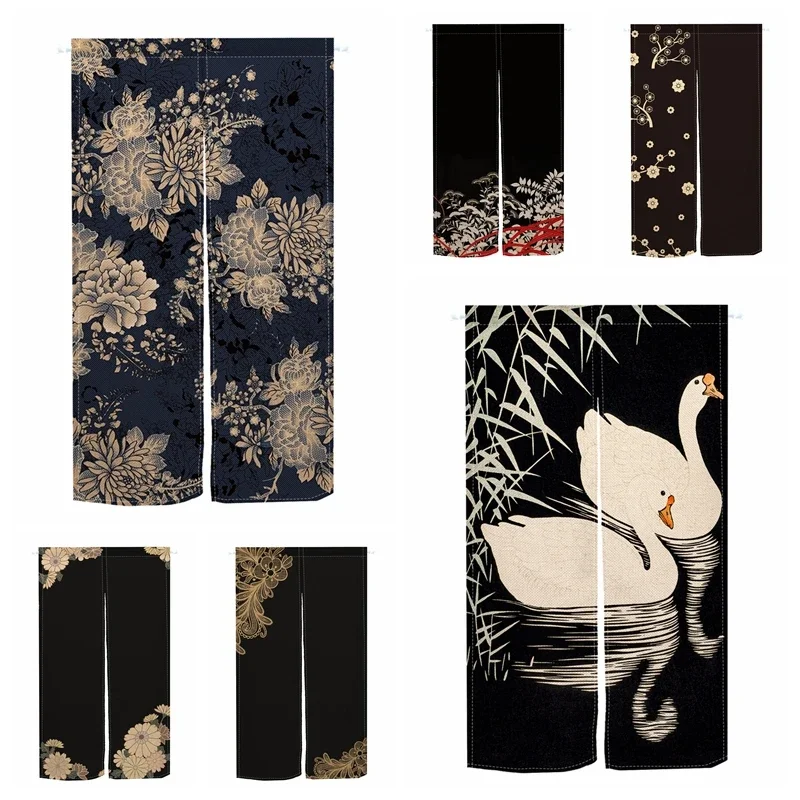 VIKAMA Retro Jacquard Peony Door Curtain, Navy & Gold Floral Print,New Chinese Partition Curtain for Living Room & Bedroom