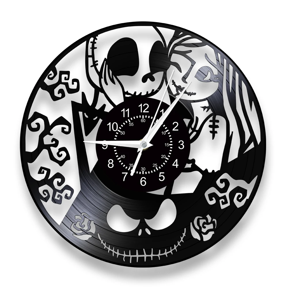 Jack and Sally Cartoon Design Vinyl Record Wall Clock For Bedroom Christmas Nightmare Retro Music Album Laser Cut LP Wall Watch