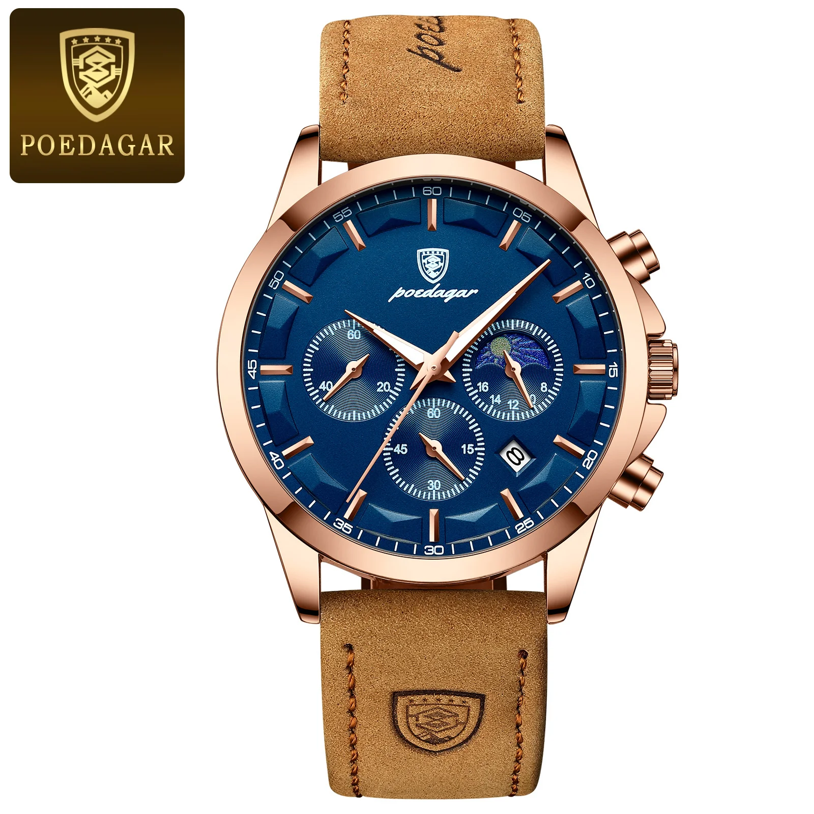 POEDAGAR Sport Luxus Männer Quarzuhr Wasserdicht Chronograph Leucht Datum Mann Armbanduhr Business Leder herren Uhren Uhr 4