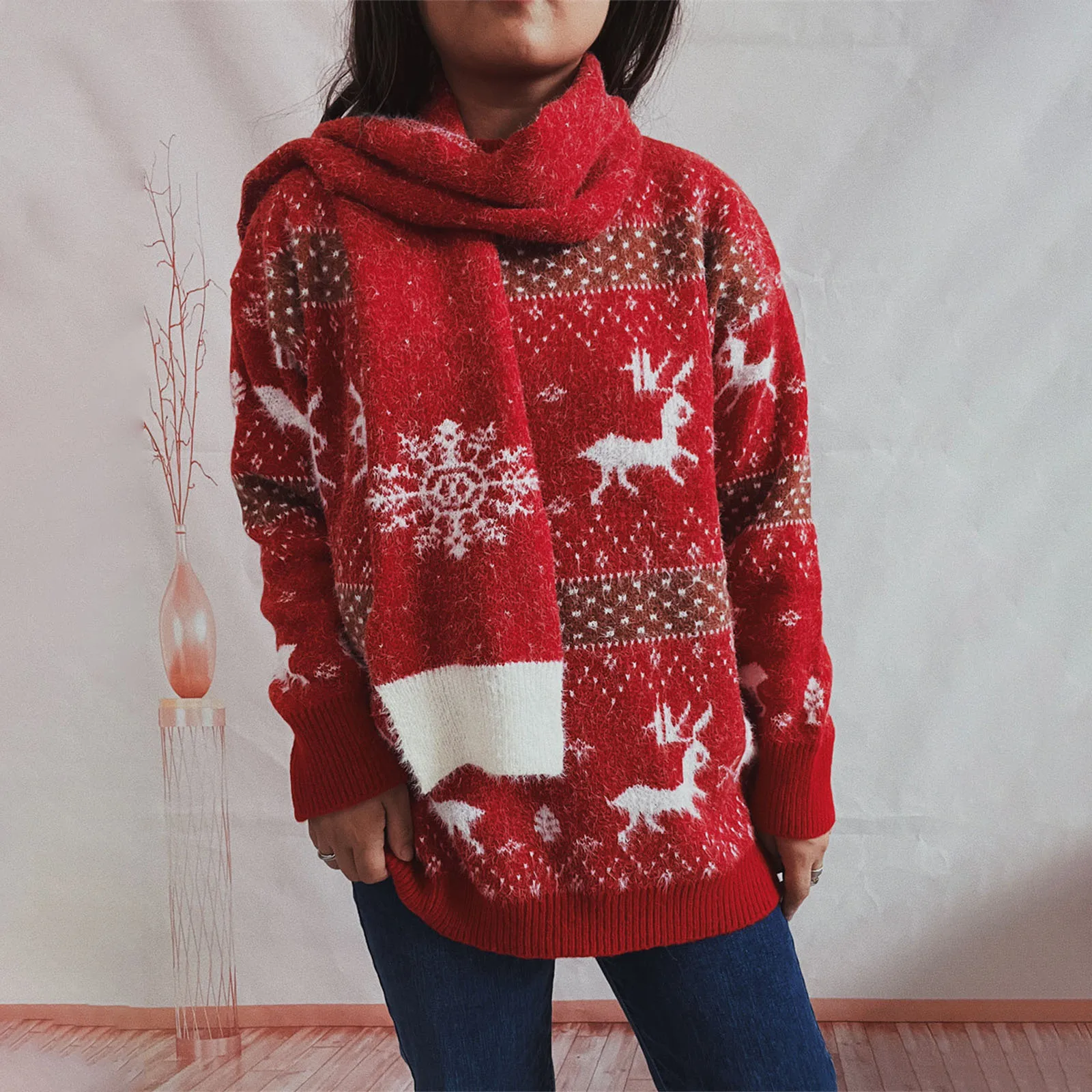 

Women's Chrismas Sweaters Casual Snowflake Elk Print Loose Warm Long Sleeve Basic Knitwear + Scarf Set for Fall Winter Clothing
