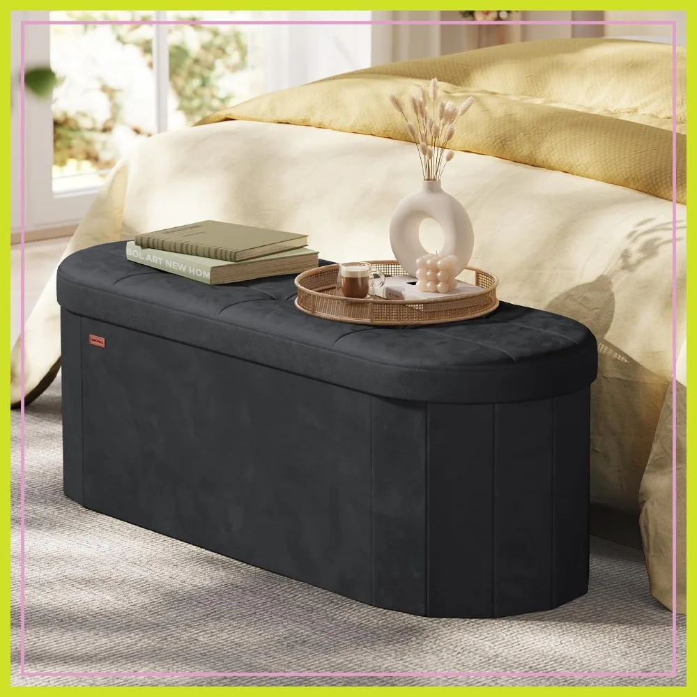 Oval Storage Ottoman Bench for Living Room, Velvet Fabric, 15x43x15 Inches, Ink Black