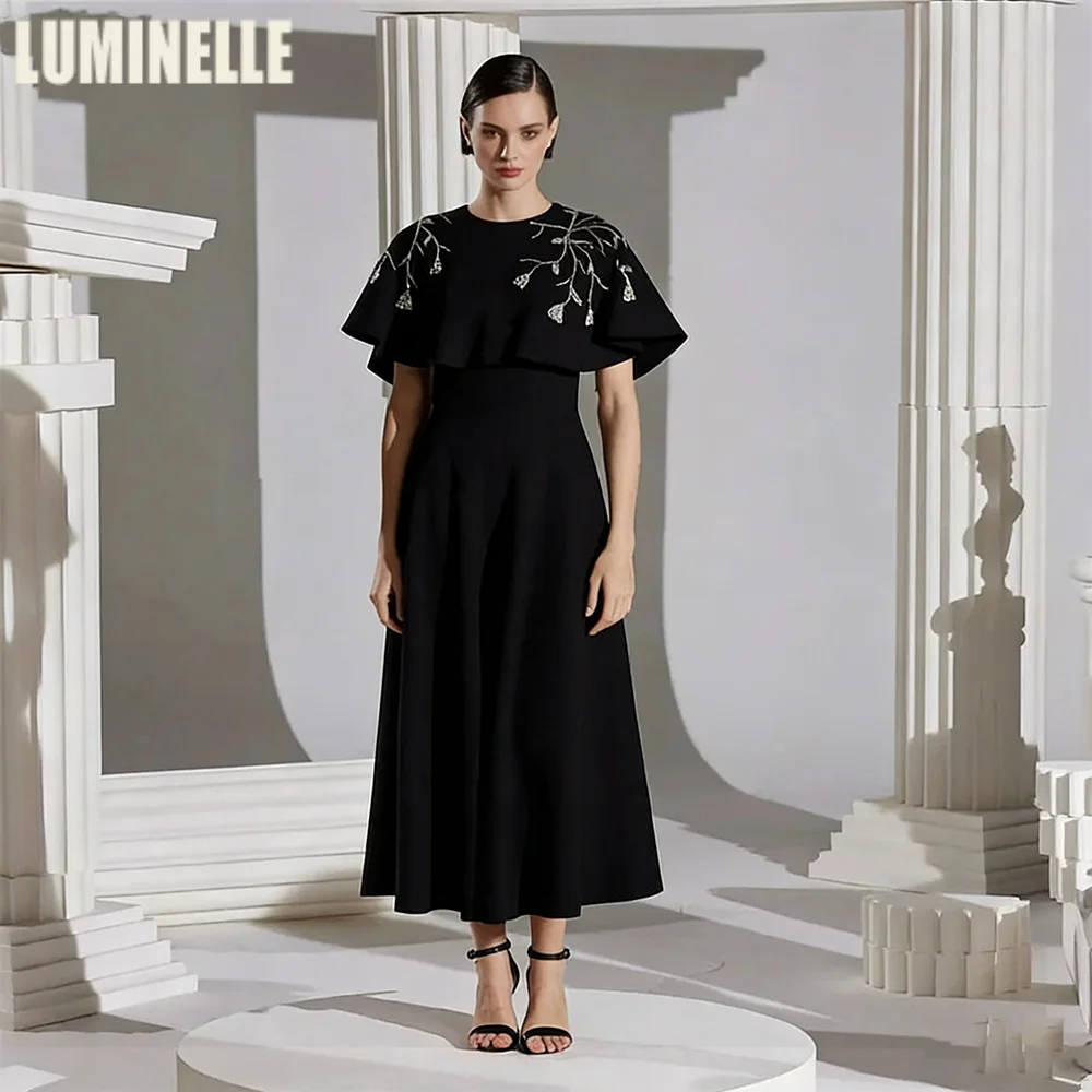 

Черное вечернее платье из креп-ткани с круглым вырезом, расшитое бисером, с эффектом накидки, А-силуэт, на молнии сзади, для женщин, на заказ