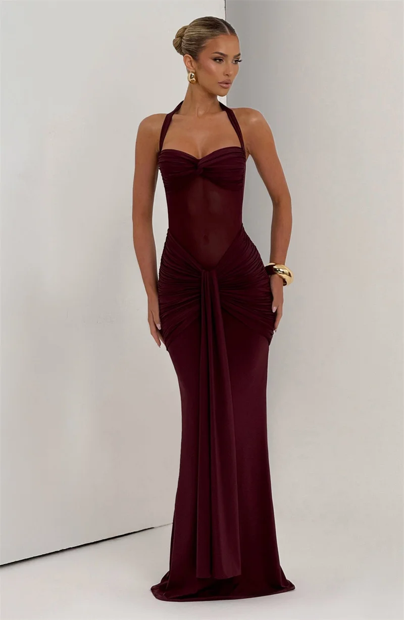 Mozision Halter-Backless Sexy Maxi Kleid Frauen Mode Patchwork Off-schulter Ärmellose Geraffte Drapierte Bodycon Club Party Kleid – Detail 4