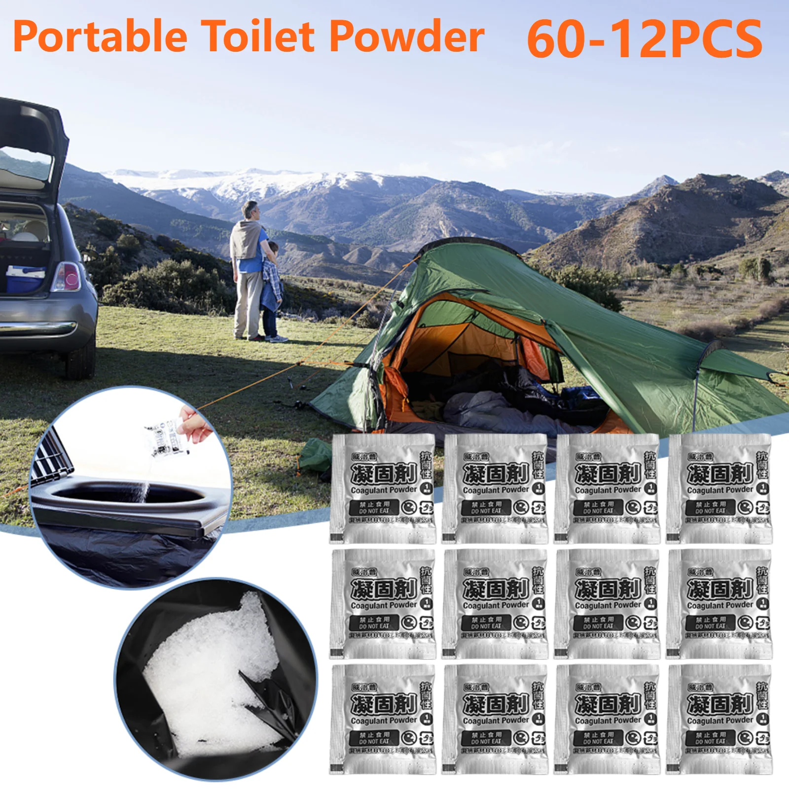 12-60Pcs Liquid Waste Gelling Deodorizing Powder Camping Toilet Cleaner Portable Toilet Powder Poo Gel for Outdoor Hiking Tool