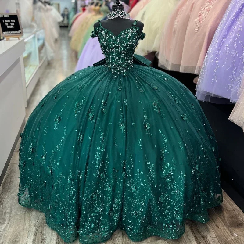 

Romantic Green Princess Quinceanera Dresses Beading 3D Appliques Lace Party Birthday Ball Gown Sweet Vestido De 15 16 Anos